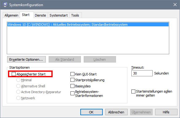 Entfernt das Häkchen, damit Windows 10 nicht mehr im abgesicherten Modus startet.