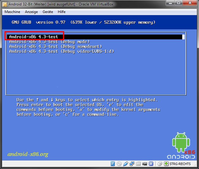 Wählt den Eintrag ohne "Debug" im Namen aus. Danach startet Android in Virtualbox.