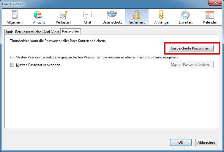In Thunderbird könnt ihr euch gespeicherte Passwörter auslesen und anzeigen lassen.