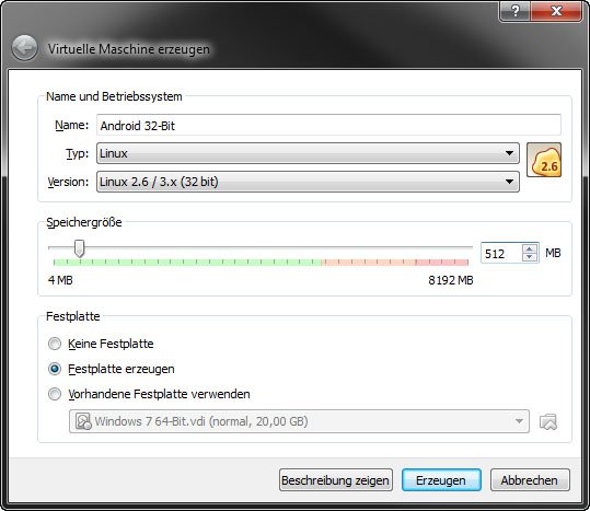 Die Einstellungen für Android in Virtualbox.