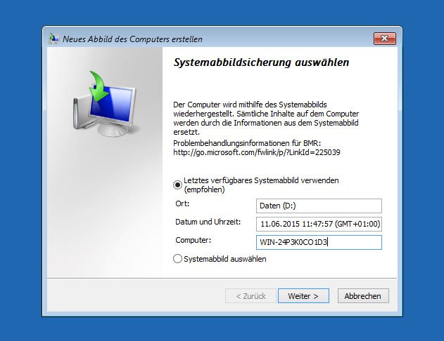 Die Systemwiederherstellung wurde von einer Windows-CD gestartet.