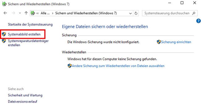 Über "Systemabbild erstellen" erstellt ihr ein Windows-10-Backup.