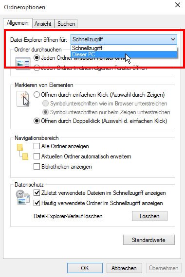 Hier stellt ihr den Arbeitsplatz (Dieser PC) als Standard-Ansicht ein