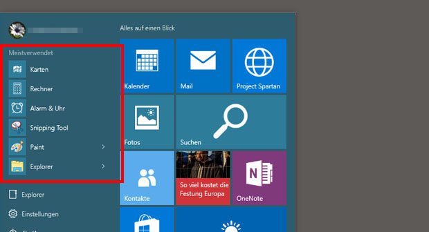 Der Menüpunkt "Meistverwendet" lässt sich aus dem WIndows-10-Startmenü entfernen.