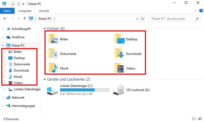 Die Ordner unter "Dieser PC" lassen sich aus dem Windows-Explorer entfernen.