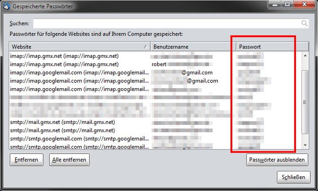 Thunderbird zeigt euch alle gespeicherte Passwörter eurer E-Mail-Konten an.