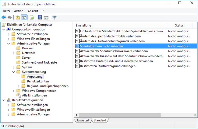 Mit dem Programm gpedit.msc deaktiviert ihr den Sperrbildschirm in Windows 10. Bild: GIGA