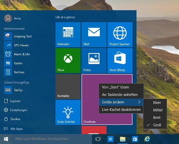 Windows 10: Im Startmenü könnt ihr Programme und Apps auch als Kacheln anzeigen lassen.