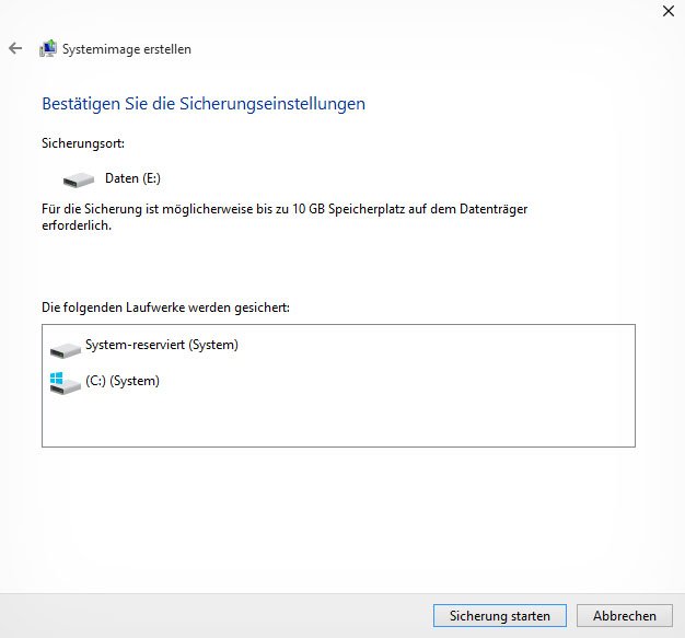 Windows 10 sichert alle Windows-Laufwerke auf eine andere Festplatte als Image-Backup.