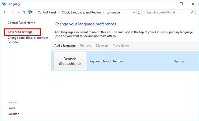 Hier öffnet ihr die Erweiterten Einstellungen für die Sprache in Windows 10. Bildquelle: GIGA