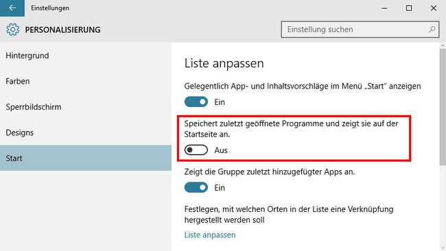 Deaktiviert diese Option, um "Meistverwendet" aus dem Startmenü zu entfernen.