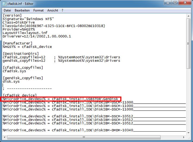 USB-Stick als Festplatte nutzen: Diese Zeile fügt ihr in die Datei cfadisk.inf ein.