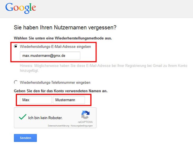 Die Webseite User-Namenunterstützung von Google hilft eure Gmail-Adresse wiederzufinden.