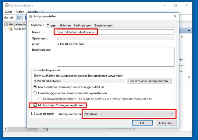 Windows 10: Mit der Aufgabenplanung deaktiviert ihr den Sperrbildschirm. Bild: GIGA