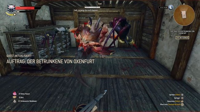 Gael beginnt den Kampf mit einer fiesen Sprungattacke.
