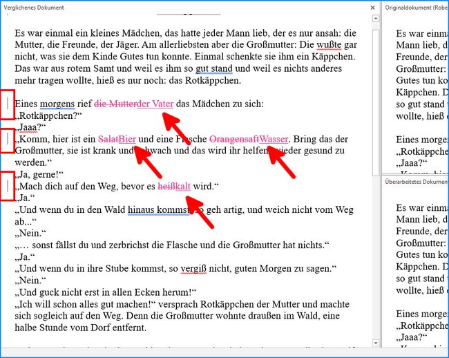 Klickt links auf einen der Striche, um die Änderungen im Dokument schnell sehen zu können.