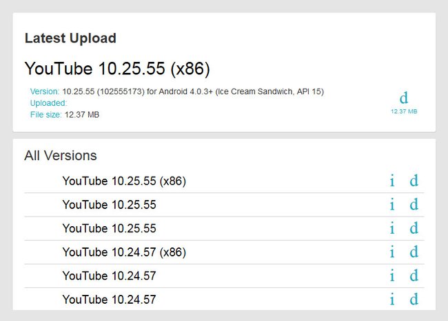 Auf der Webseite APKMirror gibt es auch ältere Youtube-Versionen.