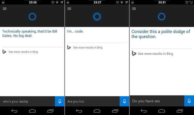 Cortana antwortet auf persönliche Fragen mit kecken und witzigen Sprüchen.
