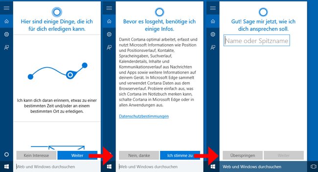 Cortana leitet euch Schritt für Schritt durch ihre Aktivierung.