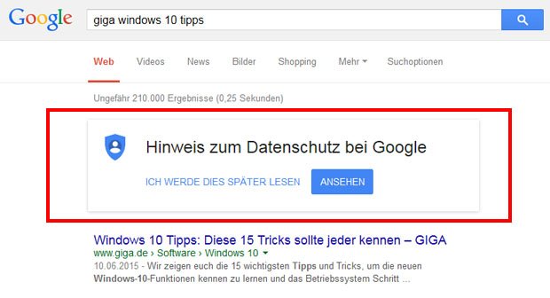 Hinweis zum Datenschutz bei Google - Was ist das? Wie ausblenden?