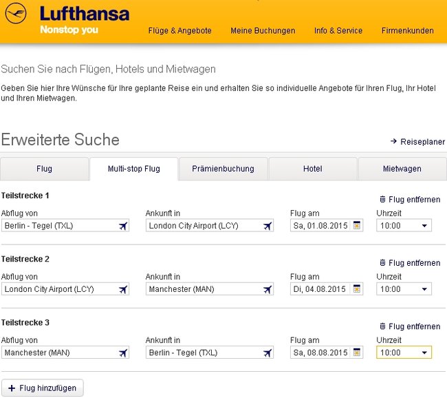 Lufthansa-Gabelflug-Suche