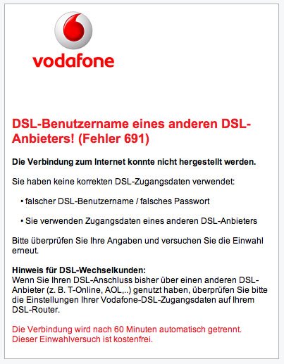 Die Fehlermeldung 691 von Vodafone.