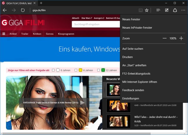 Das dunkle Theme in Microsoft Edge.