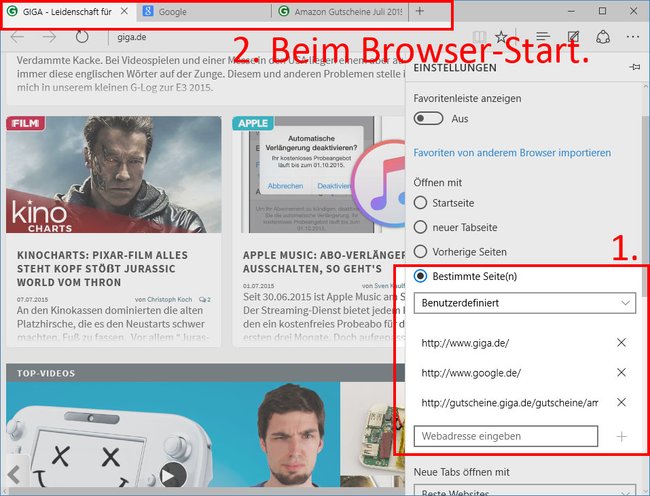 Edge öffnet beim Browser-Start auf Wunsch eingestellte Webseiten.