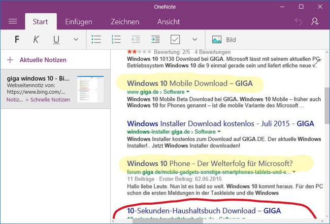 Edge-Webseitennotizen lassen sich in OneNote speichern.