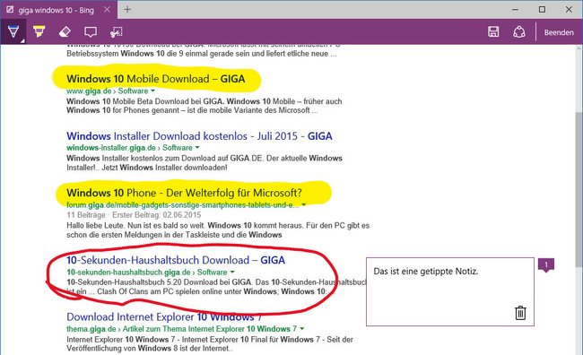 Microsoft Edge: Webseitennotizen und Kommentare.