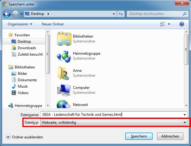 Chrome bietet auch das Speichern ganzer Webseiten an. Bildquelle: GIGA