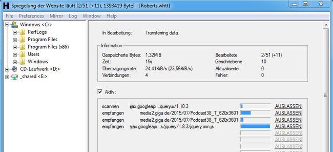 Das Tool WinHTTrack speichert komplette Webseiten mit allen Dateien. Bildquelle: GIGA