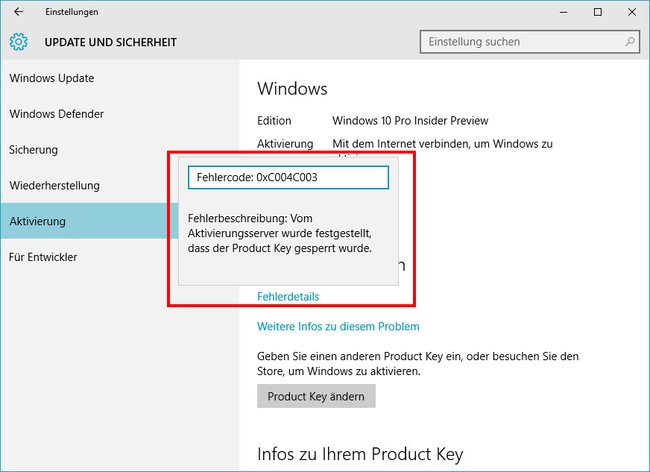Bei der Aktivierung zeigt Windows 10 einen Fehlercode an.