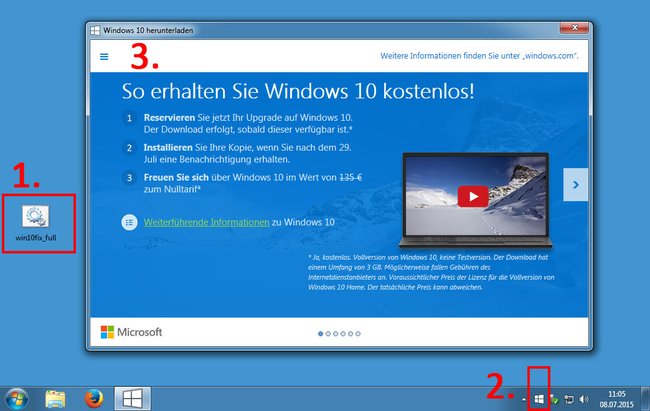 Die Batch-Datei hat das Windows-Logo zum Reservieren von Windows 10 der Taskleiste hinzugefügt.