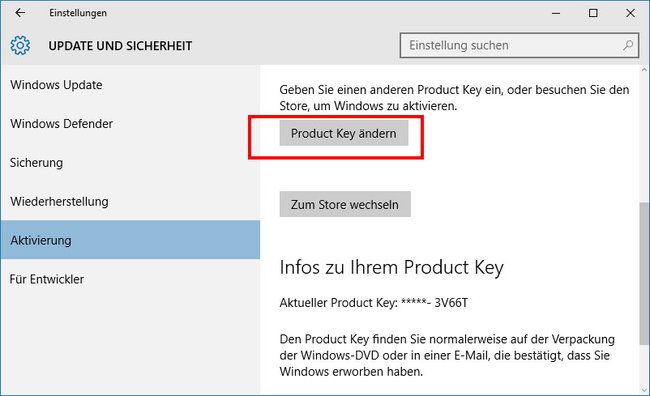 Der Product Key in Windows 10 lässt sich auch in den Einstellungen ändern.