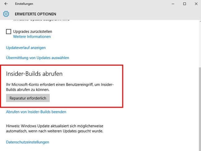 Ein Upgrade auf die aktuelle Version von Windows 10, funktioniert nur mit einem Microsoft-Insider-Konto.
