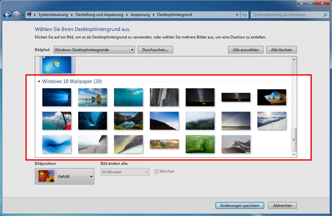 Windows 7 zeigt die neuen Windows-10-Wallpaper jetzt im Anpassen-Menü an.