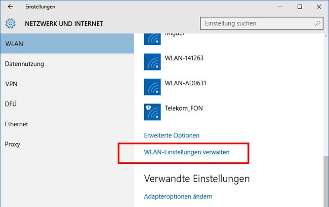 Netzwerk und Internet in Windows 10.