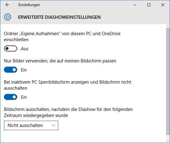 Die Erweiterten Diashoweinstellungen in Windows 10.