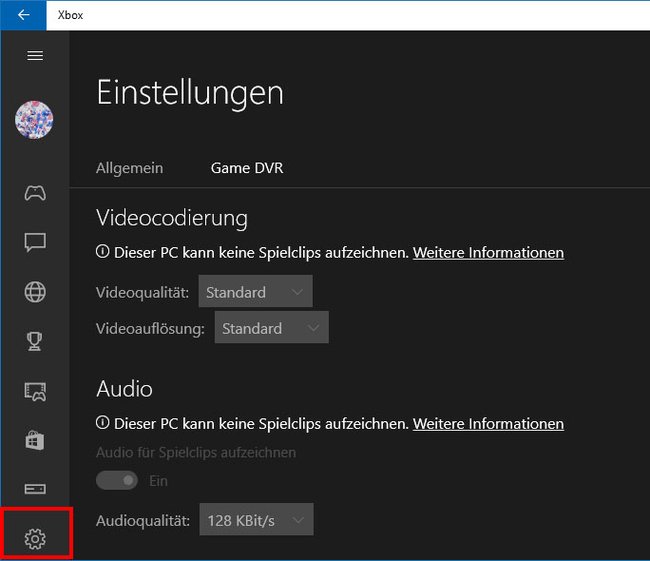 Windows 10: In den Einstellungen von Game DVR passt ihr die Punkte Videocodierung und Audio an.