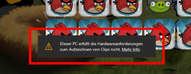 Der PC erfüllt die Hardware-Anforderungen zur Bildschirm-Aufnahme nicht, oder die Grafikkarte wird nicht richtig erkannt.