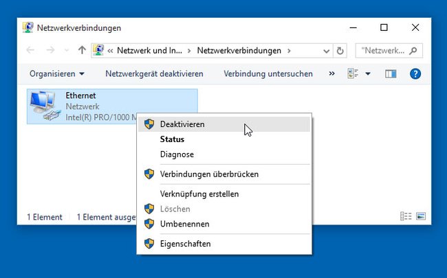 Wenn ihr den Internet-Adapter in Windows 10 deaktiviert, ist auch die Internet-Verbindung deaktiviert.