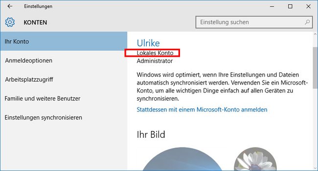 Hier ist der Benutzer mit einem lokalen Konto in Windows 10 angemeldet.