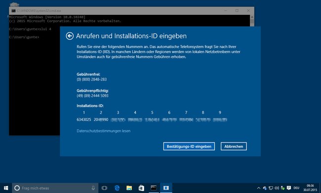Unter Umständen muss Windows 10 per Anruf aktiviert werden.