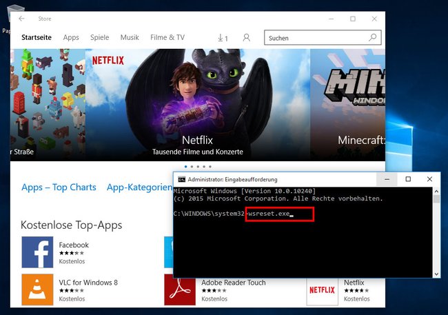 WIndows 10: Der Befehl wsreset.exe setzt den Cache des App-Store zurück.