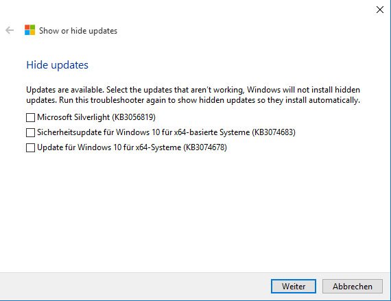 Windows 10: Wählt hier die fehlerhaften Windows-Updates oder -Treiber aus.