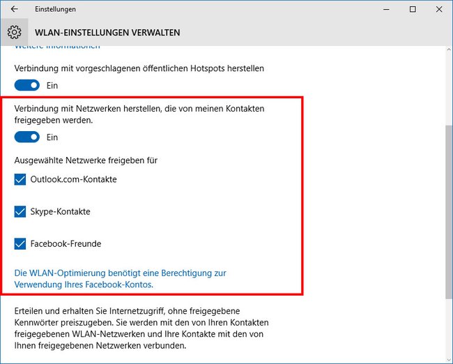 Hier stellt ihr ein, das sich Windows 10 automatisch mit freigegebenen WLAN-Netzwerken eurer Kontakte verbindet.