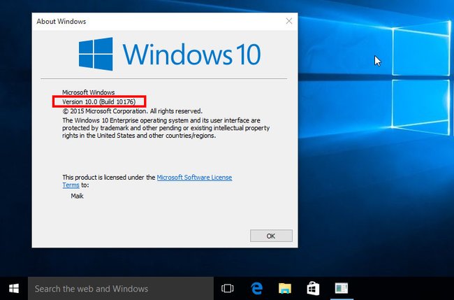 Hier läuft Windows 10 in der Version 10.0 (Build 10176).