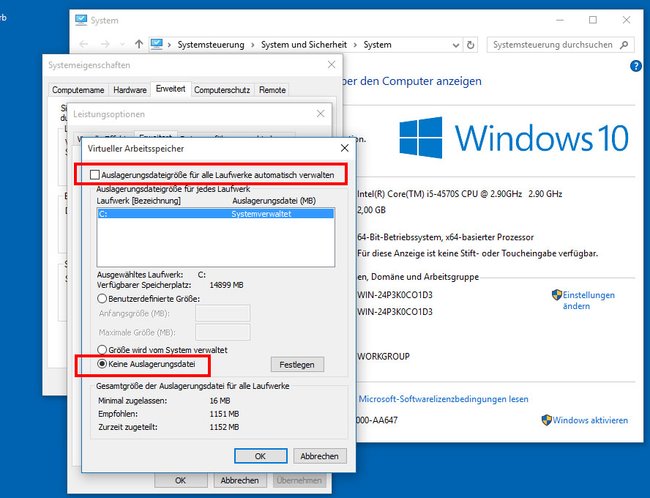 Windows 10: Virtueller Arbeitsspeicher deaktivieren.