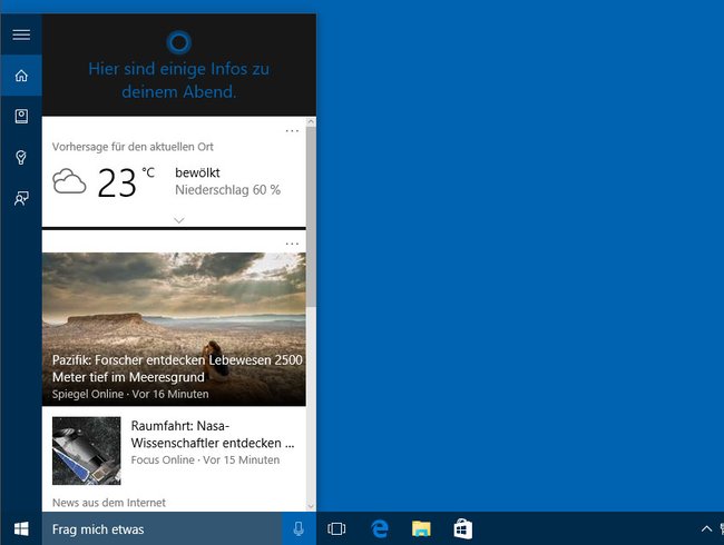 Cortana ist aktiviert und zeigt euch Infos zu eurem Tag und Nachrichtenthemen an.
